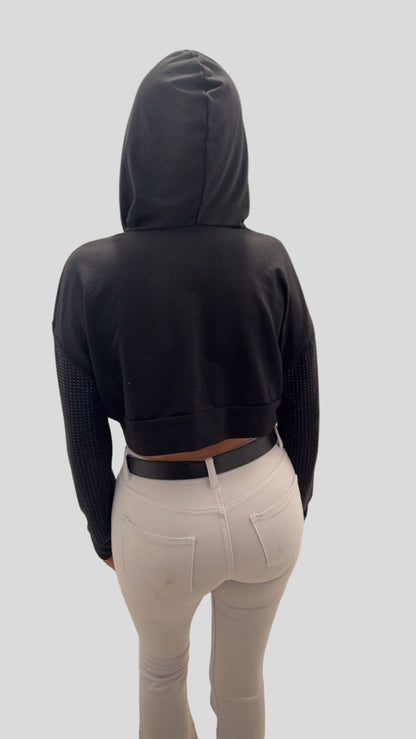 Women’s Long Sleeve Studs Detailed Hooded Pullover Crop Top.